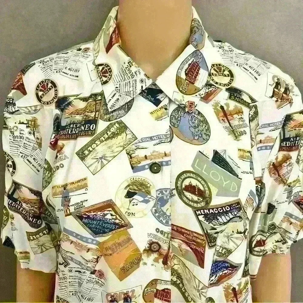 Unique Vintage  oversized multicolored novelty prints button down shirt